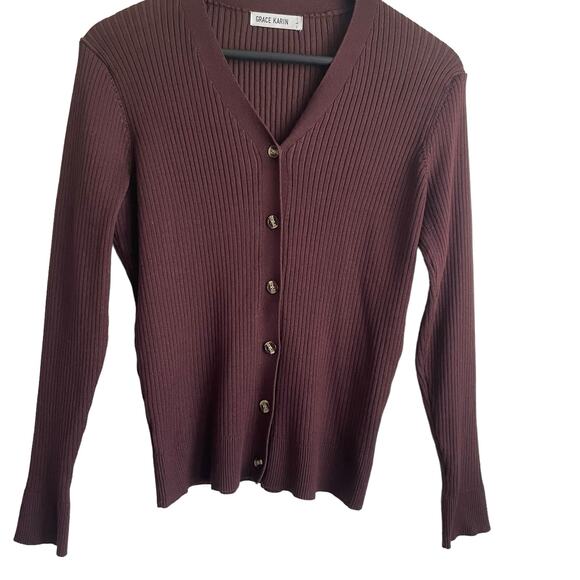 Grace Karin Women Cardigan Sweater L Brown Ribbed Fitted‎ Preppy Academia Office - Picture 5 of 9